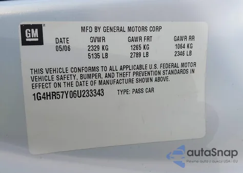 2006 Buick Lucerne Cxl из США, поврежденный, VIN 1G4HR57Y06U233343
